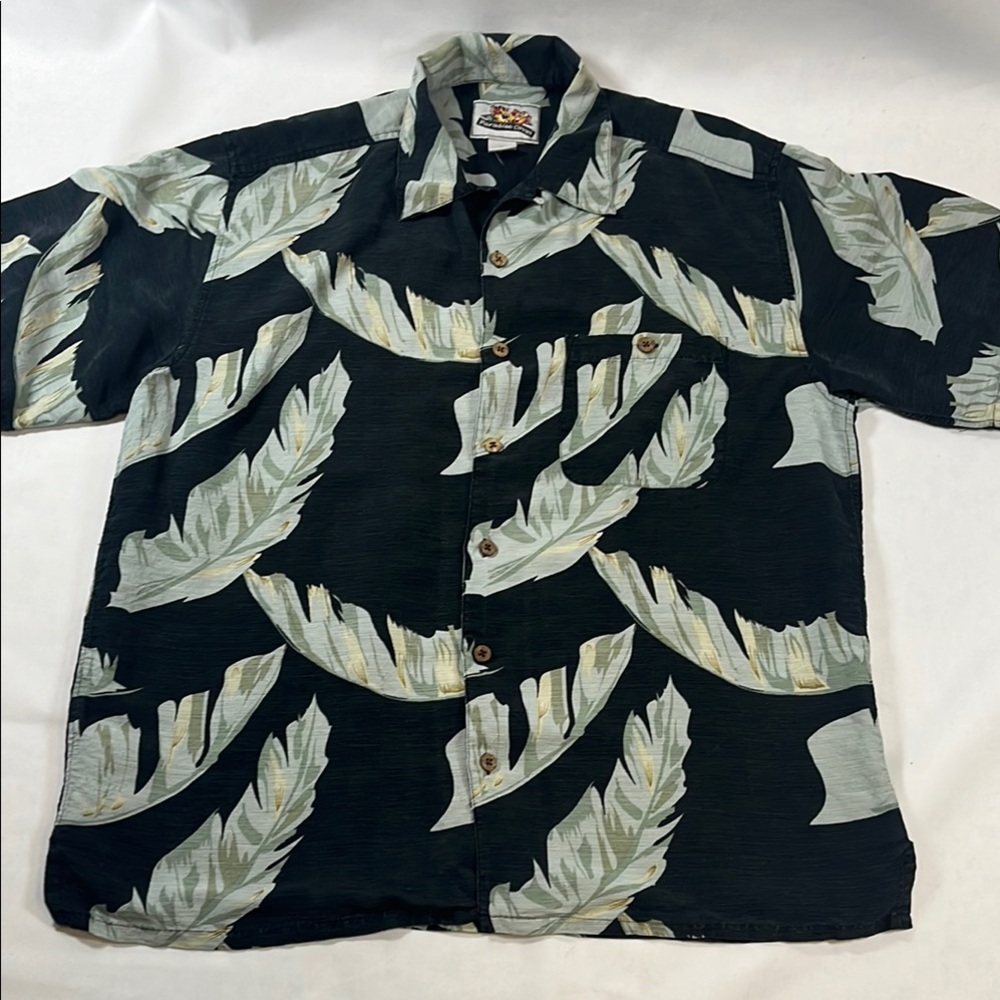 Paradise Coves Silk Linen Palm Leaf Hawaiian Camp Shirt L